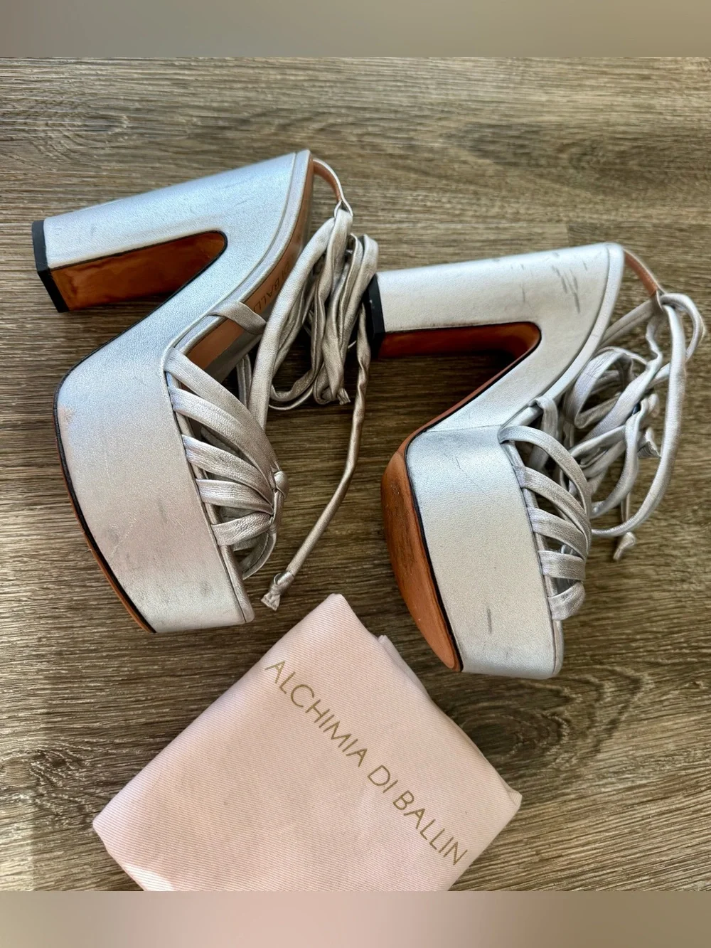 Alchimia Di Ballin Silver Leather Tara 125 Lace Up Platform Sandals EU 36 US 6